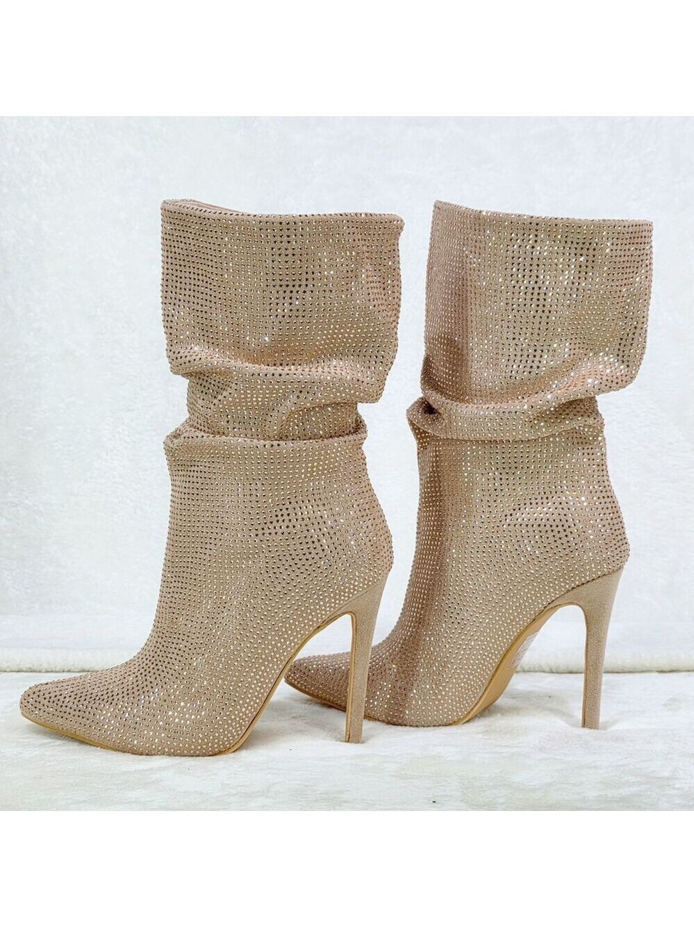 NIB Resolve Sparkling Champagne Rose Gold Rhinestone High Heel Slouch Calf Boots